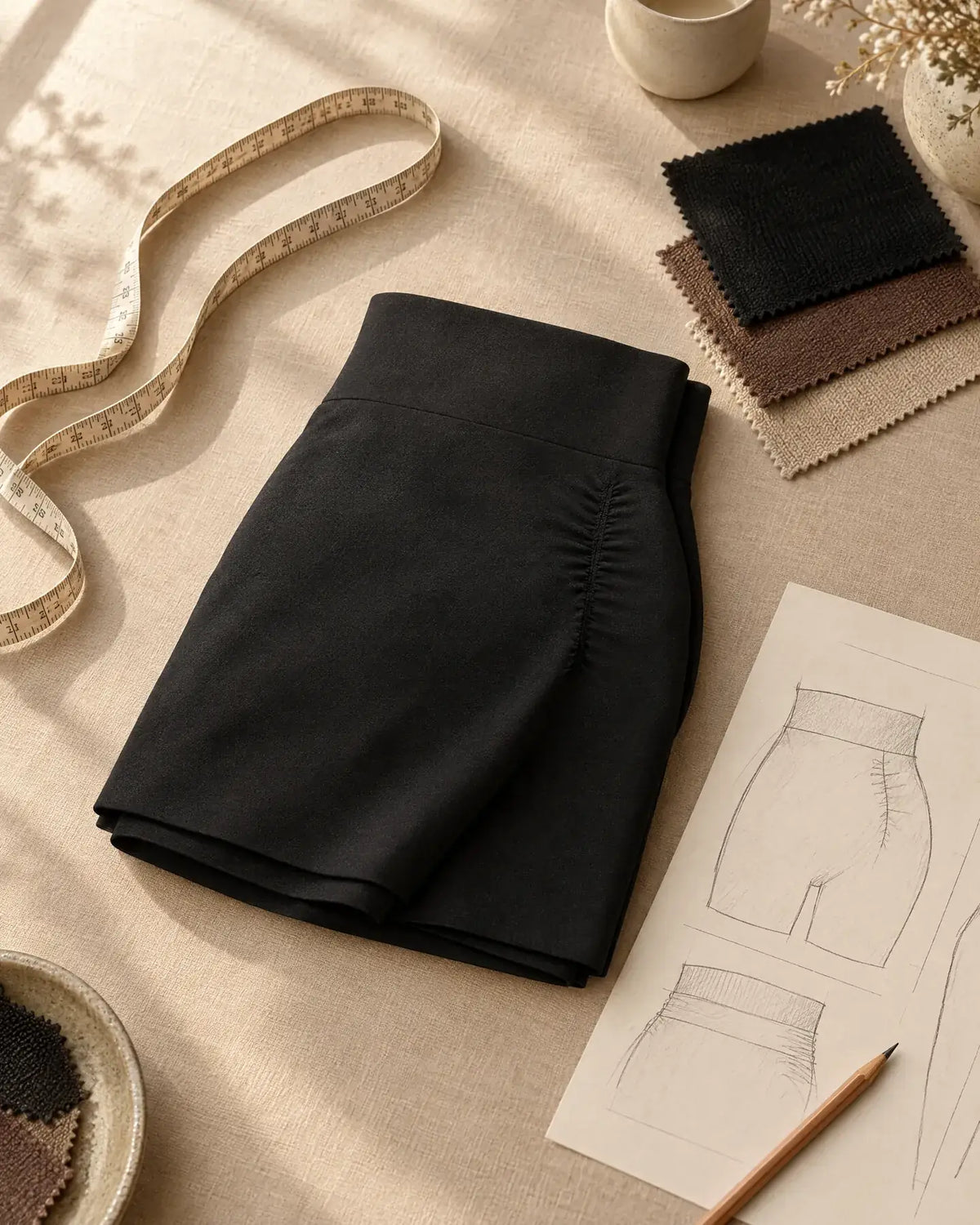 Slip short, fabric swatches and fit sketches on a studio table